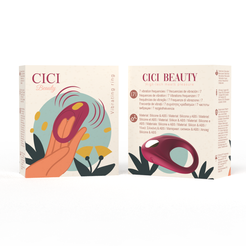 Emballage de l anneau vibrant Cici Beauty recto verso, illustrations pastel d une main et feuillages, visuel du toy framboise et mention vibrating ring pour couple.
