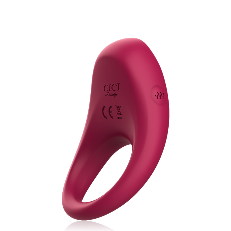 Anneau vibrant pour couple en silicone framboise vu de trois quarts, boucle souple extensible et tete vibrante doree marquee CE, prolonge l erection, Cici Beauty.