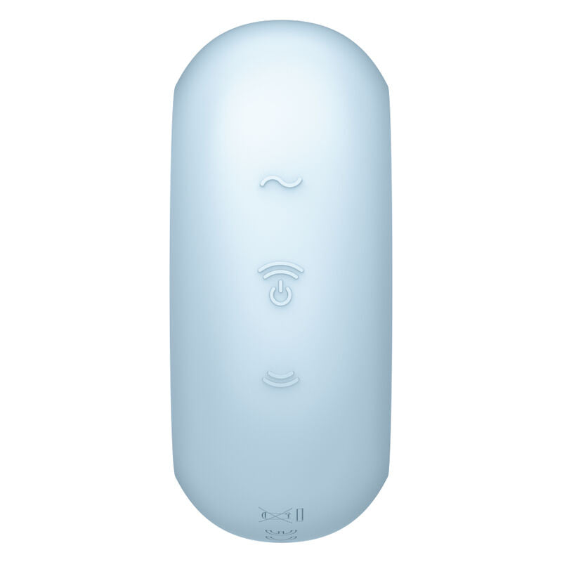 Stimulateur Satisfyer Pro To Go 3 bleu pastel vu de dos, surface ovale avec boutons air pulse et vibration, format nomade, silicone doux etanche.
