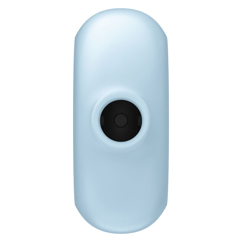 Stimulateur clitoridien Pro To Go 3 bleu pastel, coque ovale lisse, large embout air pulse noir, silicone doux pour stimulation clitoridienne sans contact.