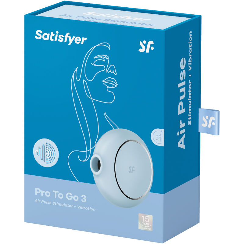 Boite Satisfyer Pro To Go 3 bleue, illustration au trait d'un profil, stimulateur clitoridien bleu air pulse et vibration nomade presente de cote.