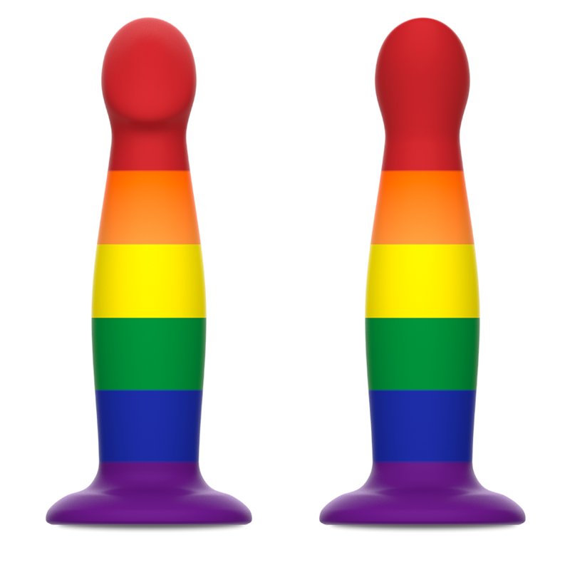 Deux godes Garrick Pride arc-en-ciel vus de face et de profil sur base ventouse violette, tete galbee marquee et tige incurvee en silicone souple, couleurs Pride taille M fantaisie.