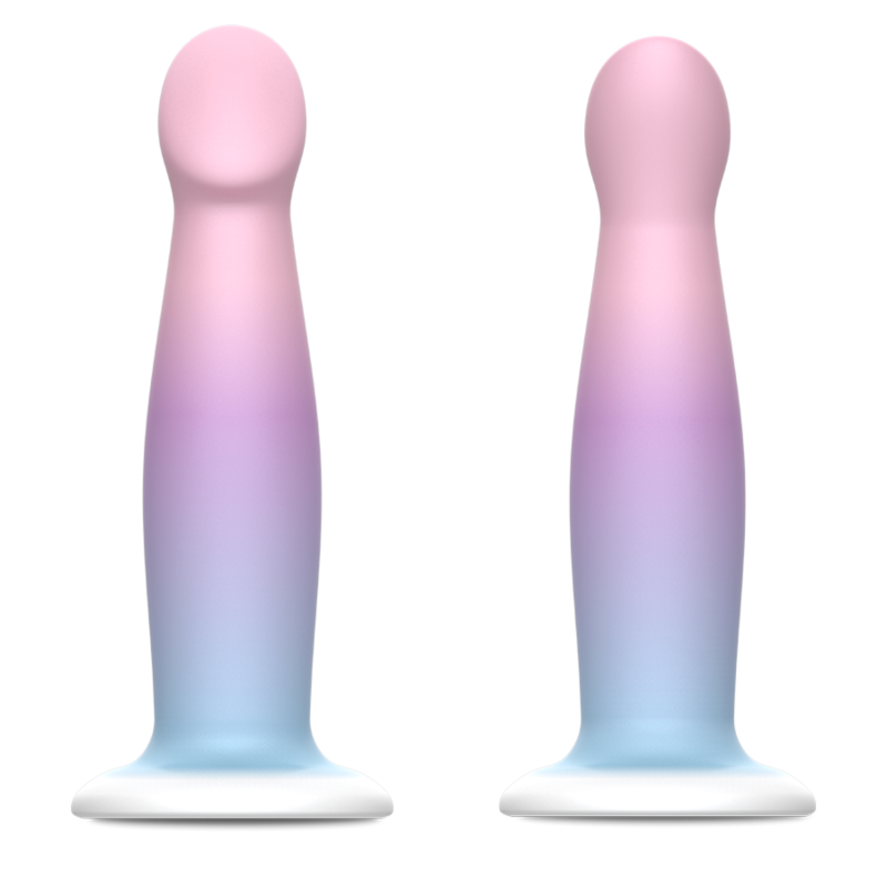 Deux godes Garrick Nayade degrade pastel vus de face et de profil sur base ventouse, tige lisse a tete arrondie en silicone souple, design fantaisie rose et bleu taille M.