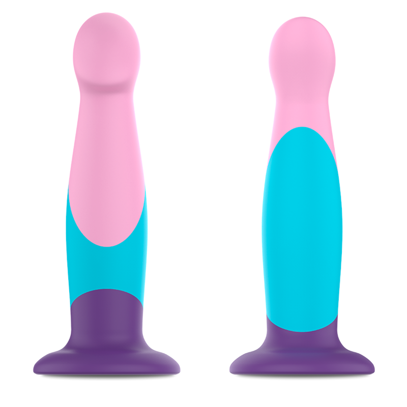 Deux godes fantaisie Garrick en silicone pastel rose, turquoise et violet vus de face et de dos, base ventouse plate, design ergonomique fun sans aspect realiste