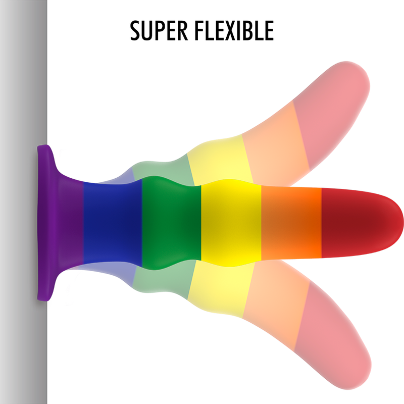 Demonstration de souplesse du gode Kuno Pride arc-en-ciel a anneaux empiles fixe par ventouse, plie en plusieurs positions, mention super flexible Mythology