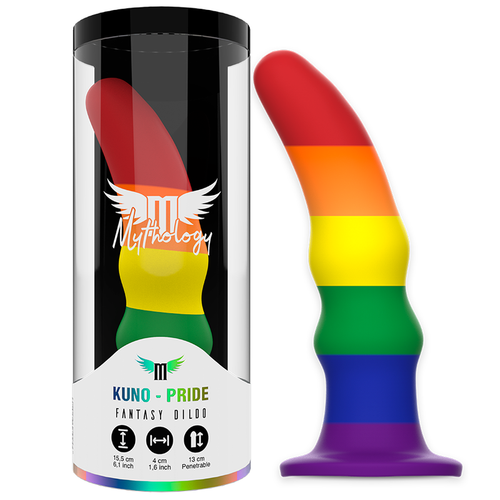 Gode Kuno Pride Mythology arc-en-ciel a anneaux empiles non realistes, presente dans son tube cylindrique et pose a cote, format compact a base ventouse violette