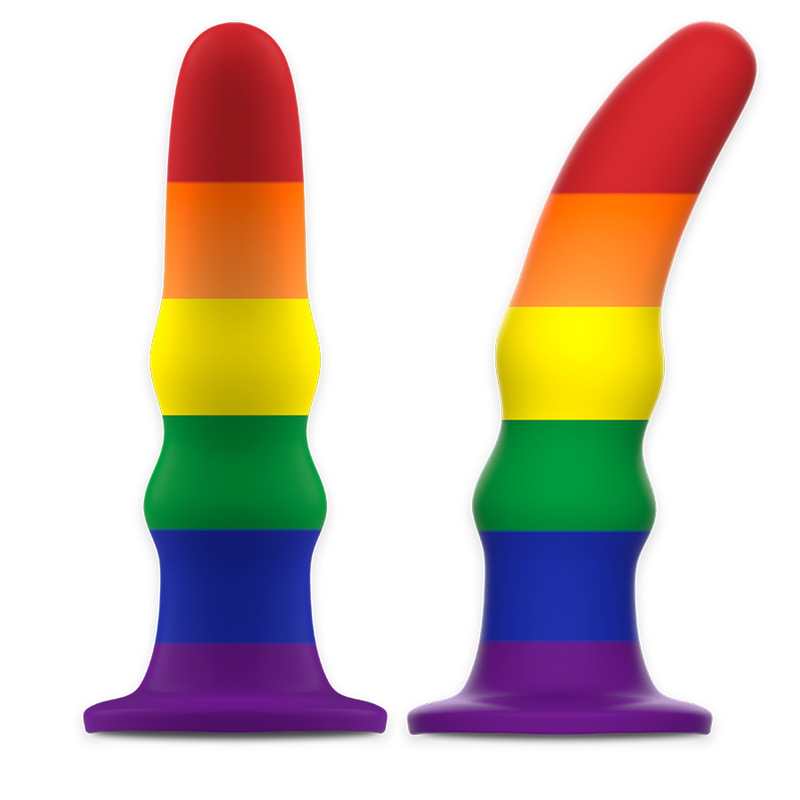 Deux godes Kuno Pride Mythology aux couleurs arc-en-ciel a anneaux empiles vus de face et de profil, base ventouse violette, design fantaisie compact