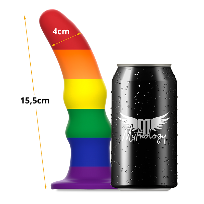 Gode Kuno Pride Mythology arc-en-ciel a anneaux empiles mesure a cote d'une canette, hauteur 15,5 cm et diametre 4 cm indiques, base ventouse violette