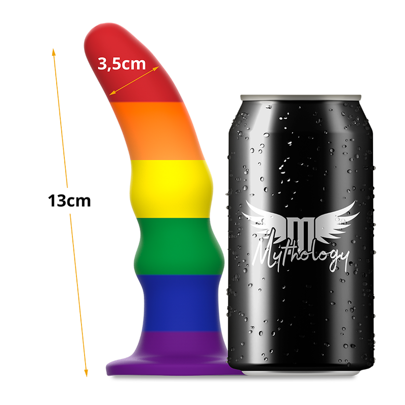 Gode Kuno Pride Mythology arc-en-ciel a anneaux empiles mesure a cote d'une canette, hauteur 13 cm et diametre 3,5 cm indiques, base ventouse violette