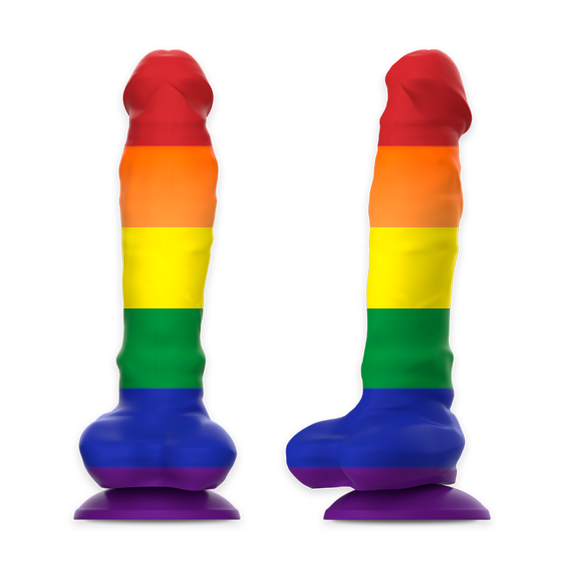Deux godes Corey Pride Mythology aux couleurs arc-en-ciel a la forme penienne avec testicules moules vus de face, gland rouge marque et base ventouse violette