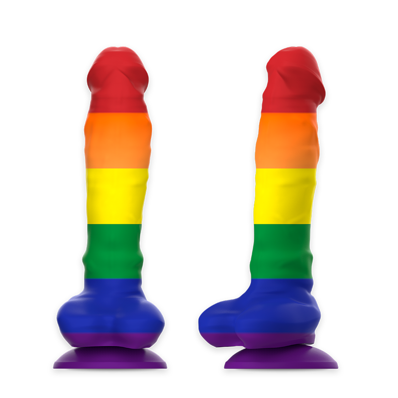 Deux godes Corey Pride Mythology aux couleurs arc-en-ciel a la forme penienne avec testicules moules vus de face et de profil, gland rouge et base ventouse