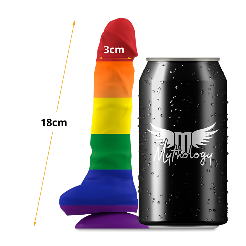 Gode Corey Pride Mythology arc-en-ciel au gland rouge et testicules moules mesure a cote d'une canette, hauteur 18 cm et diametre 3 cm indiques