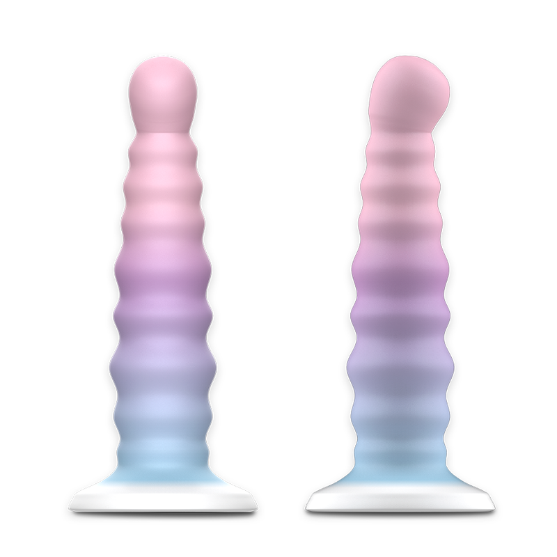 Deux godes Arian Nayade Mythology en silicone degrade pastel a anneaux empiles vus de face, base ventouse plate, design fantaisie ergonomique pour le point G