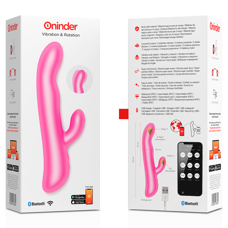 Emballage du rabbit Oslo rose deplie, face avant Vibration et Rotation et verso detaillant les specifications, cable USB et compatibilite Bluetooth de l'appareil.