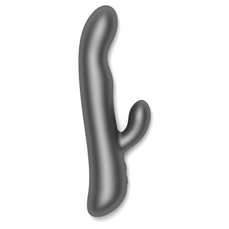Rabbit Oslo gris vu de profil, surface silicone lisse non realiste et bras clitoridien fin, double moteur pour stimulation simultanee interne et externe.