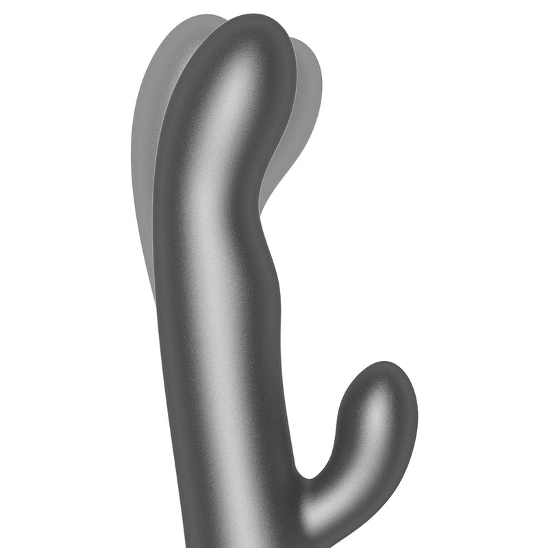 Gros plan du rabbit Oslo Oninder en silicone gris anthracite, tete bombee lisse et bras lapin, vibromasseur point G connecte a vibration et rotation.