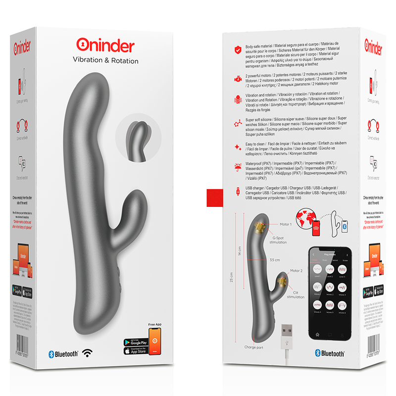 Emballage du rabbit Oslo gris vu recto et verso, mention Vibration et Rotation, cable de recharge USB et logos Bluetooth pour le pilotage par application.