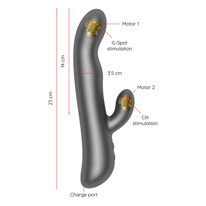 Schema cote du rabbit Oslo gris en silicone, hauteur 23 cm, port de charge et emplacement des deux moteurs dedies au point G et au clitoris.