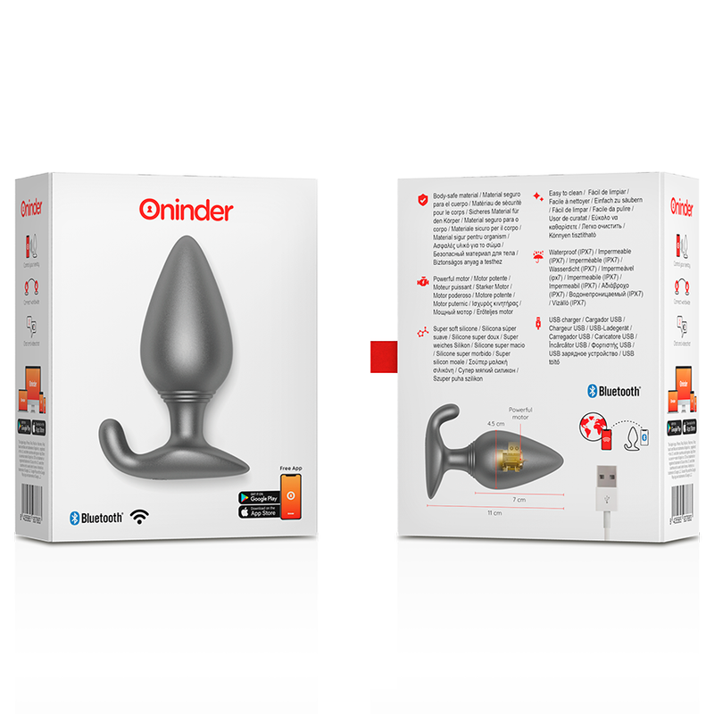 Emballage du plug anal vibrant Oninder vu recto et verso, illustration du produit, cable de recharge magnetique et compatibilite Bluetooth IPX7.