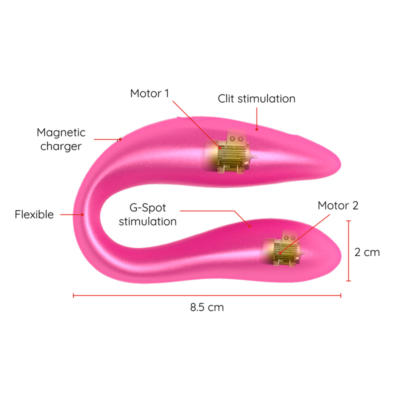 Schema cote du stimulateur couple Lisboa rose, longueur 8,5 cm, chargeur magnetique et ses deux moteurs flexibles dedies au clitoris et au point G.