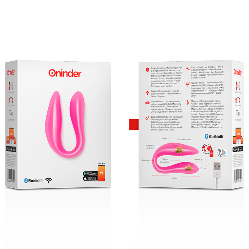 Emballage du sextoy couple Lisboa rose vu recto et verso, illustration du U flexible, cable de recharge magnetique et compatibilite Bluetooth.