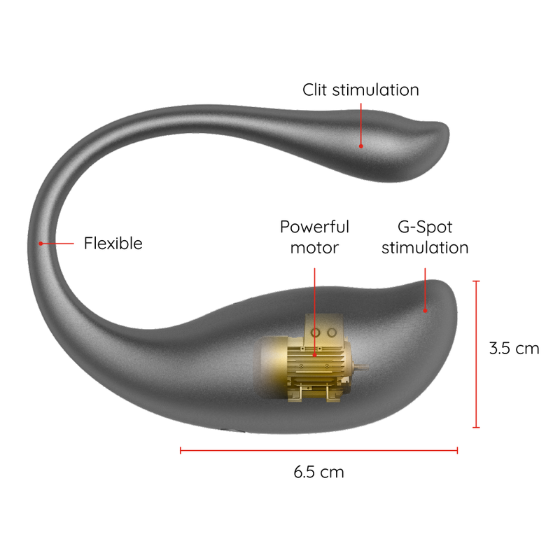 Schema cote de l'oeuf vibrant Nairobi gris, longueur 6,5 cm, moteur puissant interne et tige flexible pour la stimulation du point G et du clitoris.