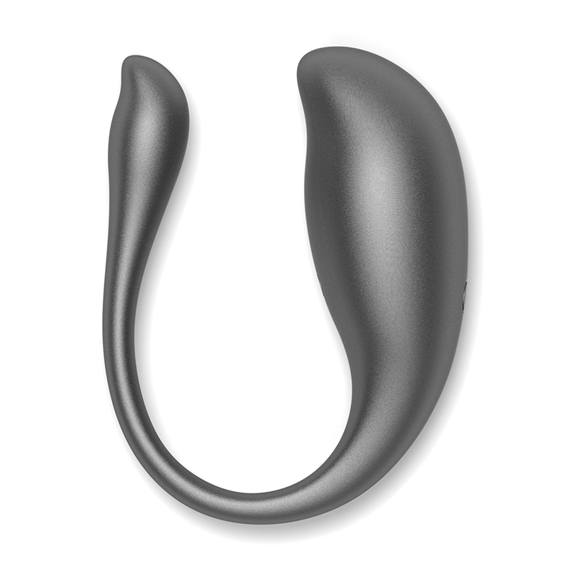 Gros plan de l'oeuf vibrant Nairobi Oninder en silicone gris, forme ovale lisse non realiste avec sa tige souple recourbee, telecommande et application.