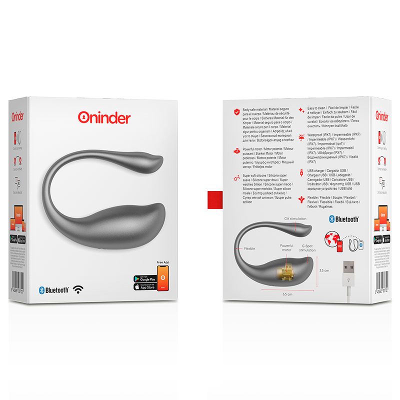 Emballage de l'oeuf vibrant Nairobi gris vu recto et verso, illustration du produit, cable de recharge magnetique et logos Bluetooth pour le pilotage.