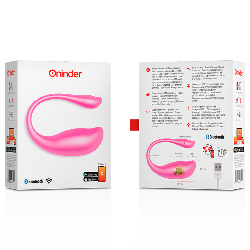 Emballage de l'oeuf vibrant Nairobi rose vu recto et verso, illustration du produit, cable de recharge USB et compatibilite Bluetooth de l'appareil.
