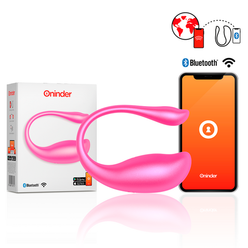 Boite de l'oeuf vibrant connecte Nairobi Oninder, version rose avec sa longue tige souple, presentee avec le smartphone et l'application de pilotage.