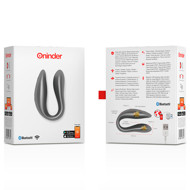Emballage du sextoy couple Lisboa Oninder vu recto et verso, illustration du U flexible, cable de recharge magnetique et logos Bluetooth IPX7.