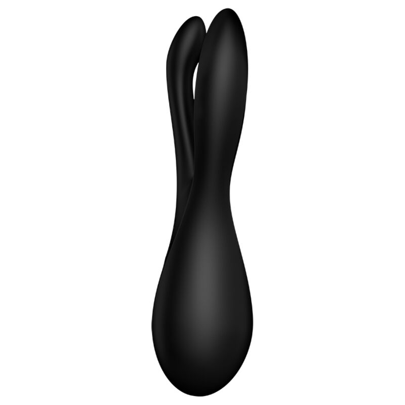 Vibromasseur Threesome 2 noir vu de profil, deux bras courbes et base arrondie, silicone medical doux, vibrations larges pour le clitoris et les levres.