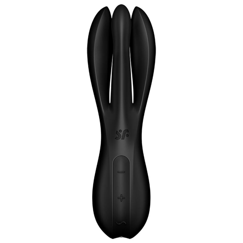 Vibromasseur Satisfyer Threesome 2 noir vu de face, trois bras flexibles et manche a boutons, silicone medical, douze programmes de vibration multizone.