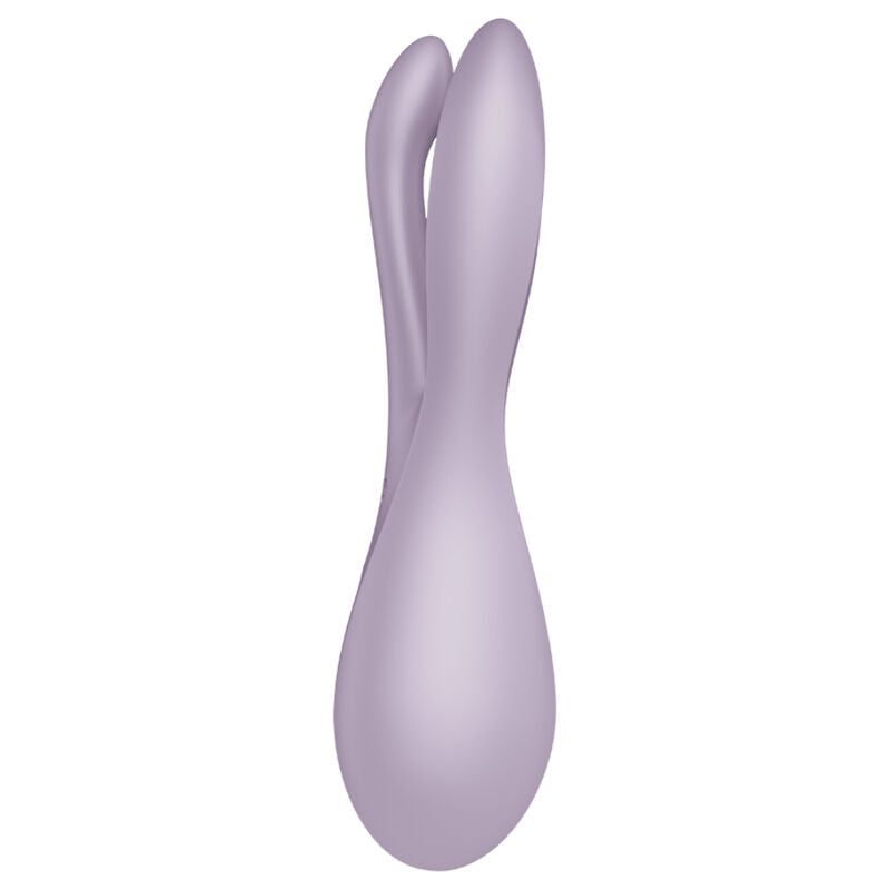 Vibromasseur Threesome 2 mauve vu de profil, deux bras courbes et base arrondie, silicone medical doux, mode murmure et vibrations enveloppantes.