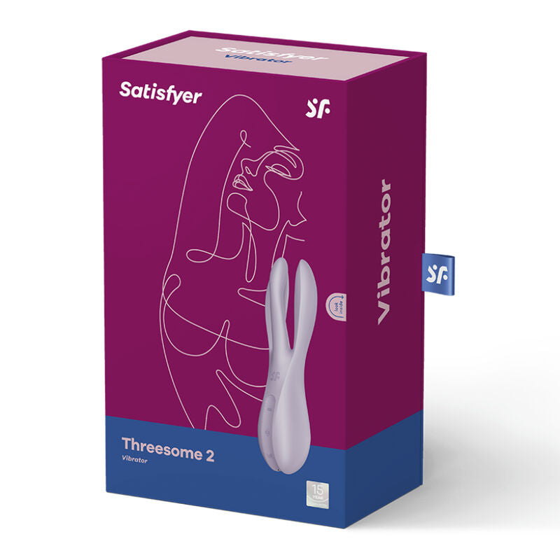 Boite Satisfyer Threesome 2 violette, illustration au trait d'un profil, vibromasseur mauve a trois bras flexibles presente sur le cote, silicone medical.