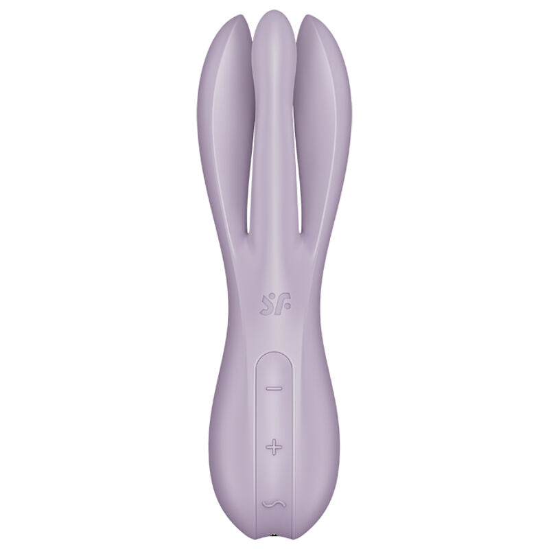 Vibromasseur Satisfyer Threesome 2 mauve vu de face, trois bras flexibles et manche a boutons, silicone medical, douze programmes de vibration.