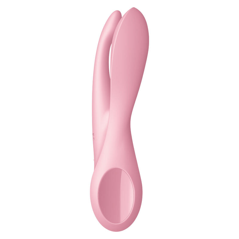 Vibromasseur Threesome 1 rose vu de profil, trois bras courbes et base arrondie, silicone doux, vibrations enveloppantes pour le clitoris et les levres.