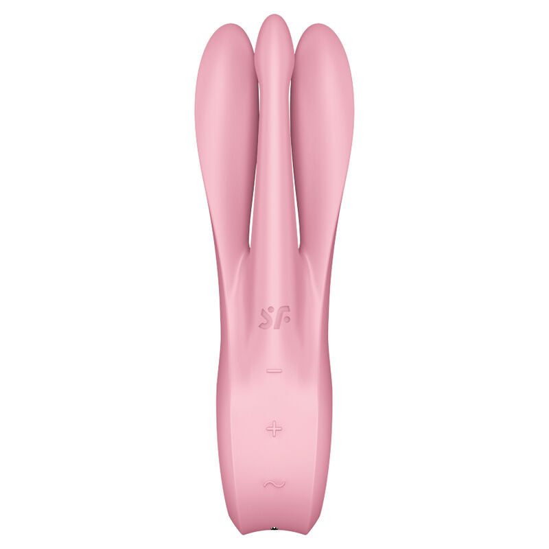 Vibromasseur Satisfyer Threesome 1 rose vu de face, trois bras flexibles et manche a boutons, silicone doux, douze programmes de vibration multizone.