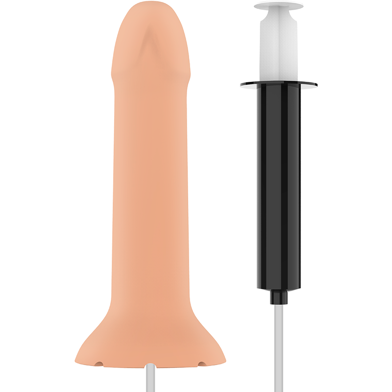 Gode ejaculateur Flipper Mythology en silicone ton chair realiste presente avec sa seringue noire de remplissage pour la fonction squirting, vue d'ensemble