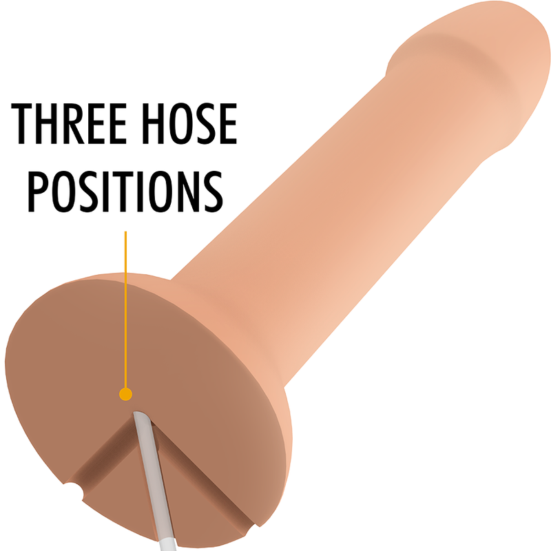 Gros plan sur la base bronze du gode ejaculateur Flipper Mythology montrant les trois positions de sortie du tuyau pour orienter le jet de squirting