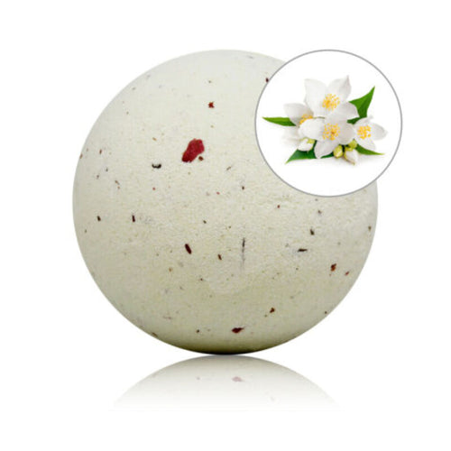 Bombe de bain spherique 140 g parfumee au jasmin et petales de rose, fleur de jasmin en medaillon, notes sucrees aux proprietes adoucissantes et relaxantes pour la baignoire