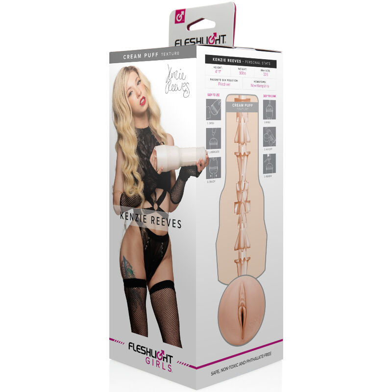 Boite Fleshlight Girls a effigie d'actrice, packaging presentant la gaine moulee en SuperSkin et les caracteristiques du masturbateur realiste signature.