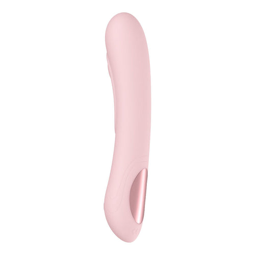 Vibromasseur point G Pearl 3 en silicone rose vu de profil, tige incurvee lisse et bouton lateral, stimulateur connecte a technologie tactile reactive Kiiroo.