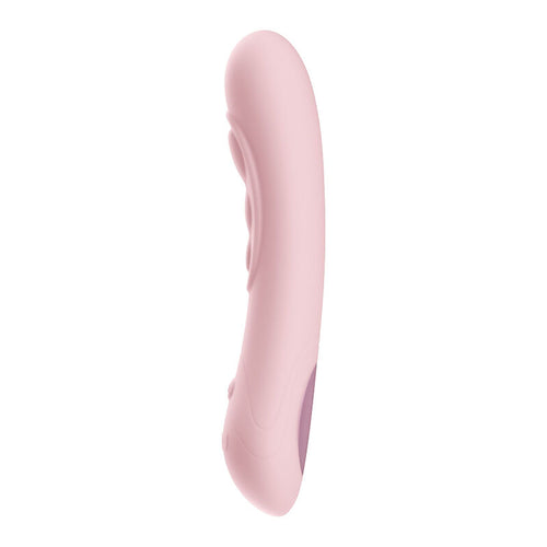 Vibromasseur point G Pearl 3 connecte en silicone rose, forme incurvee lisse vue de face avec commandes, technologie tactile et trois bosses internes Kiiroo.