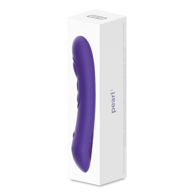 Vibromasseur point G Pearl 3 violet dans son etui blanc epure, forme incurvee lisse en silicone, stimulateur point G connecte a vibrations tactiles Kiiroo.