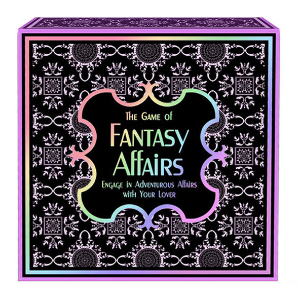 Boîte du jeu de plateau Fantasy Affairs, packaging noir et arc-en-ciel pastel