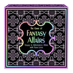 Boîte du jeu de plateau Fantasy Affairs, packaging noir et arc-en-ciel pastel