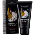 Coffret et tube du gel Rhino Gold, gel spécial pour hommes 50 ml, tube noir à tête blanche de rhinocéros et corne dorée