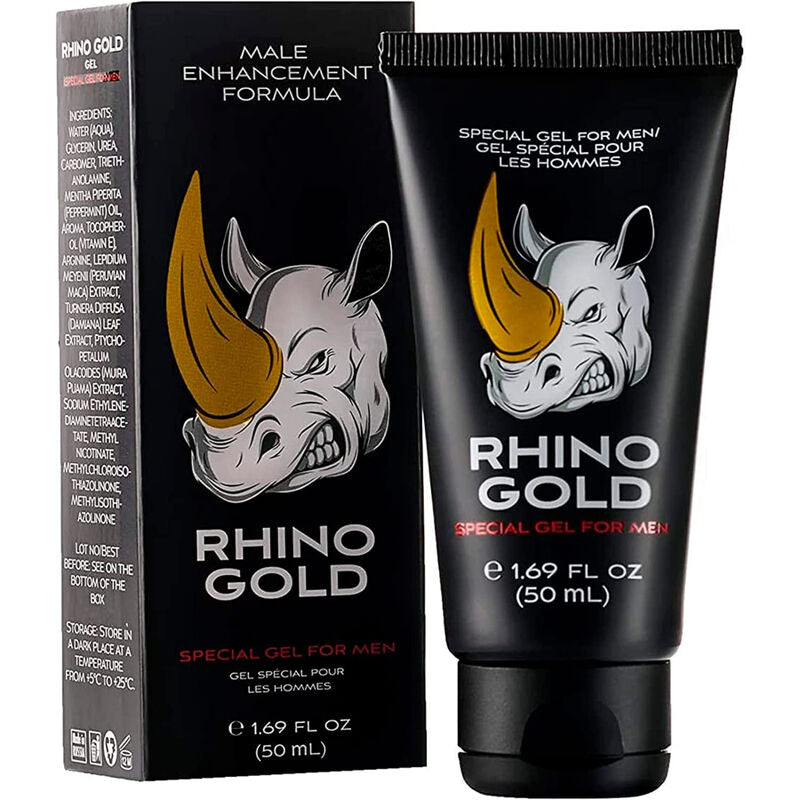 Coffret et tube du gel Rhino Gold, gel spécial pour hommes 50 ml, tube noir à tête blanche de rhinocéros et corne dorée