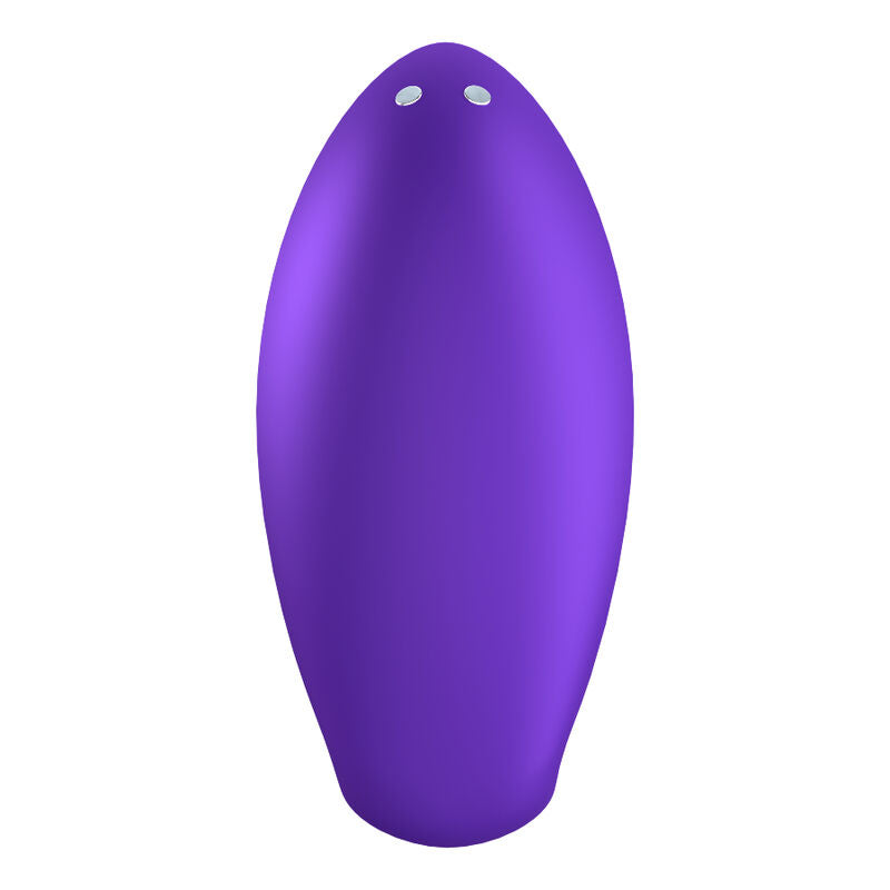 Vibromasseur Satisfyer Love Riot violet vu de dessus, surface ovale lisse a deux boutons, silicone doux, vibrateur doigt discret et maniable.
